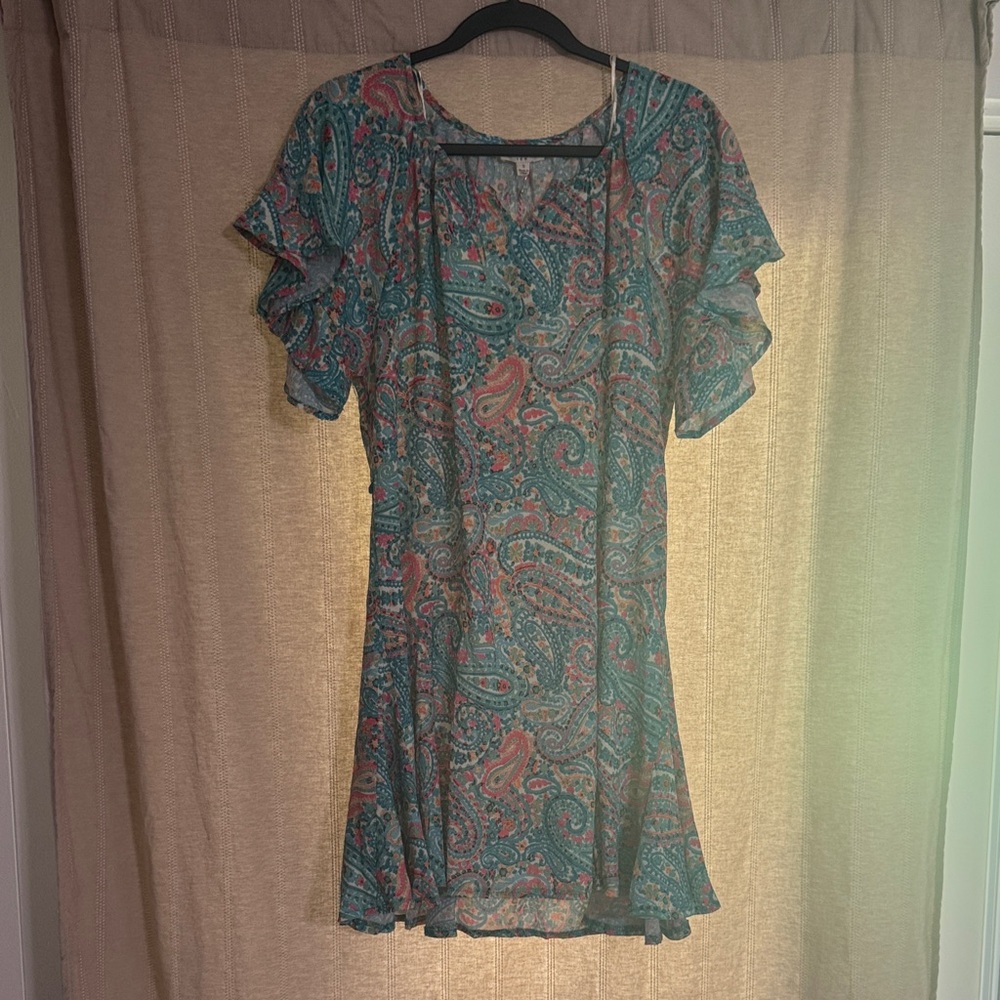 Umgee Teal Paisley Mini Dress with Coral Accents